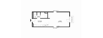 A floor plan of a one bedroom apartment with a living room, kitchen and bath.
