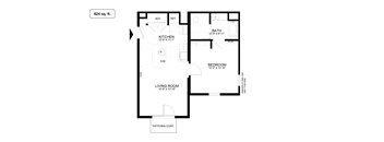 A floor plan of a 624 square foot home with a living room, bedroom, and kitchen.