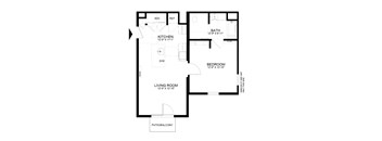 A floor plan of a house with a living room, bedroom, kitchen, and bathroom.