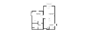 A floor plan of a house with a living room, bedroom, bathroom, and kitchen.