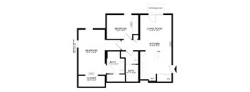 A floor plan of a house with a living room, two bedrooms, a bathroom, a kitchen, and a closet.