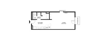 A floor plan of a house with a living room, kitchen, and bathroom.