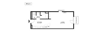 A floor plan of a 568 sq. ft. home with a bath, kitchen, living room and a patio out the back.