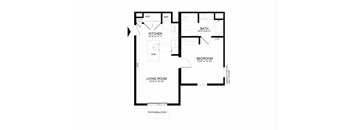 A floor plan of a house with a kitchen, living room, bedroom and bathroom.