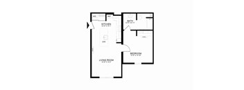 A floor plan of a small apartment with a living room, kitchen, bathroom and bedroom.