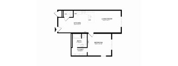 A floor plan of a small apartment with a living room, kitchen, bath, bedroom and closet.