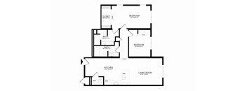 A floor plan of a house with two bedrooms, a living room, a kitchen, a bath, and a closet.