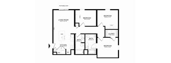 A black and white floor plan of a house with a living room, kitchen, bathrooms, and bedrooms.
