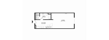 A floor plan of a small apartment with a living room, a kitchen, and a bathroom.