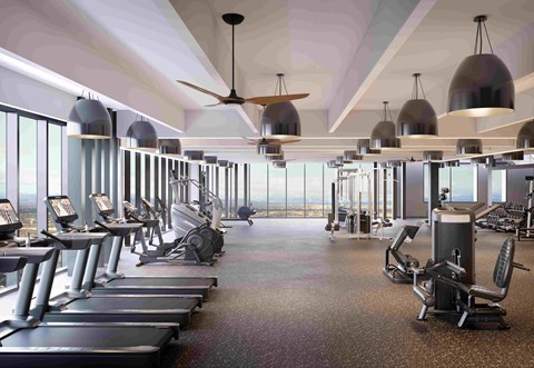 Fitness center with workout equipment.