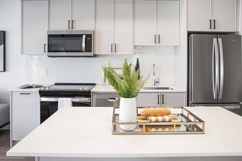 A kitchen with a white table and a plant on it.
