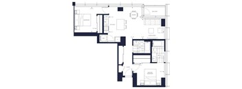 A floor plan of a house with a dining room, kitchen, living room, and two bedrooms.