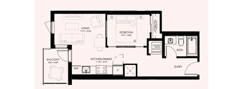 A floor plan of a small apartment with a living room, kitchen, bedroom, bathroom, and balcony.