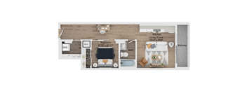A floor plan of a home showing a bedroom, bathroom, kitchen, living room, and balcony.