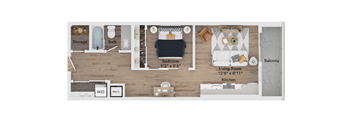 A floor plan of a living room, kitchen, and bedroom.