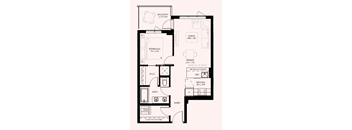 A black and white floor plan of a house with a balcony, bedroom, bathroom, kitchen, dining area, and living room.