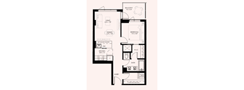 A floor plan of an apartment with a balcony, living room, dining room, kitchen, bathroom, and bedroom.