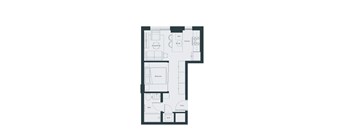 A floor plan of a house with a living room, kitchen, bedroom, bathroom, and entry.
