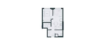 A floor plan of a house with a living room, kitchen, bathroom, bedroom, and entry.