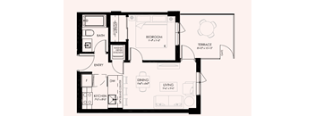 A floor plan of a house with a bedroom, living room, kitchen, and bathroom.