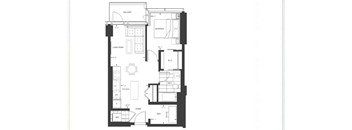 A black and white floor plan of a house with a balcony, living room, dining room, kitchen, and bathroom.