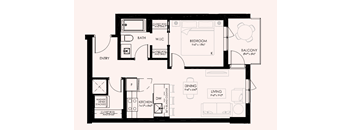 A floor plan of a house with a bedroom, living room, kitchen, and bathroom.