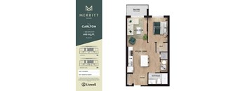 A floor plan for a 1 bedroom, 600 sq.ft. apartment at The Carlton by Livwell.
