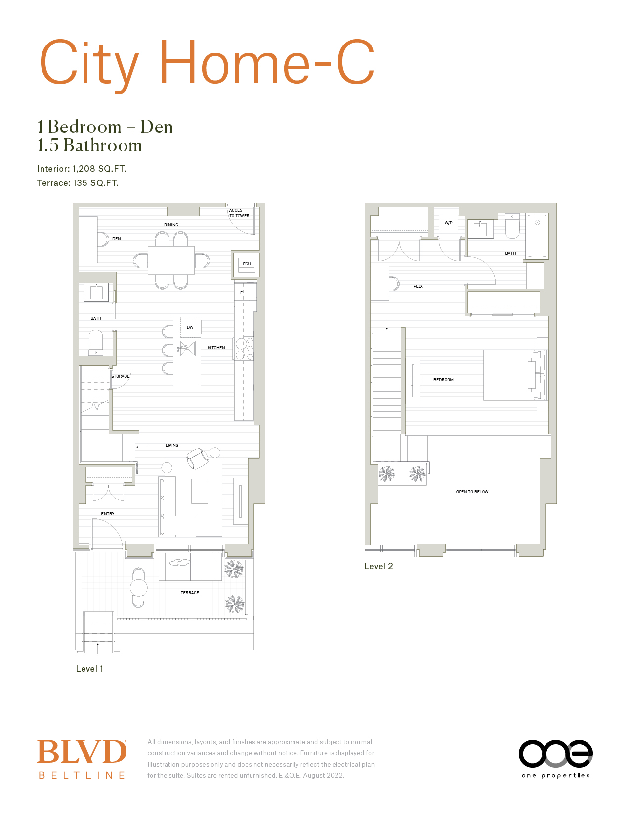 A floor plan for a City Home-C with one bedroom and one and a half bathrooms.