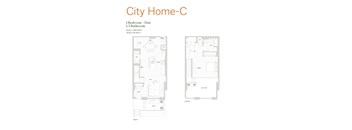 A floor plan of a one bedroom apartment with a den and 1.5 bathrooms.
