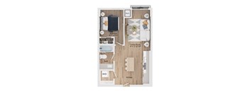 A floor plan of a small apartment with a bedroom, living room, kitchen, and bathroom.