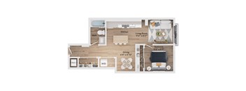 A floor plan of a small apartment with a kitchen, living room, bedroom, bathroom, and a workspace.