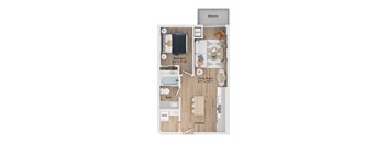 A diagram of a small apartment layout with a bedroom, living room, kitchen, bathroom, and balcony.
