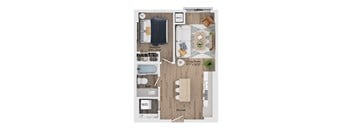 A floor plan of a home with a bedroom, bathroom, living room, kitchen, and a workspace.