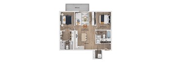 A floor plan of a two bedroom apartment with a living room and kitchen.