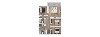 A floor plan of a house with a balcony, living/dining area, and three bedrooms.