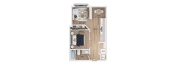 A floor plan of a one bedroom apartment with a living room, dining room, kitchen, bathroom and bedroom.