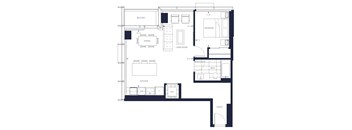 A floor plan of a house with a balcony, dining area, living room, kitchen, bathroom, and foyer.