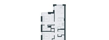 A floor plan of a house with two bedrooms, a living room, a kitchen, an en suite bathroom, and a laundry area.