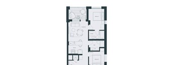 A floor plan of a house with two bedrooms, a living room, a kitchen, a bathroom, and an entry.
