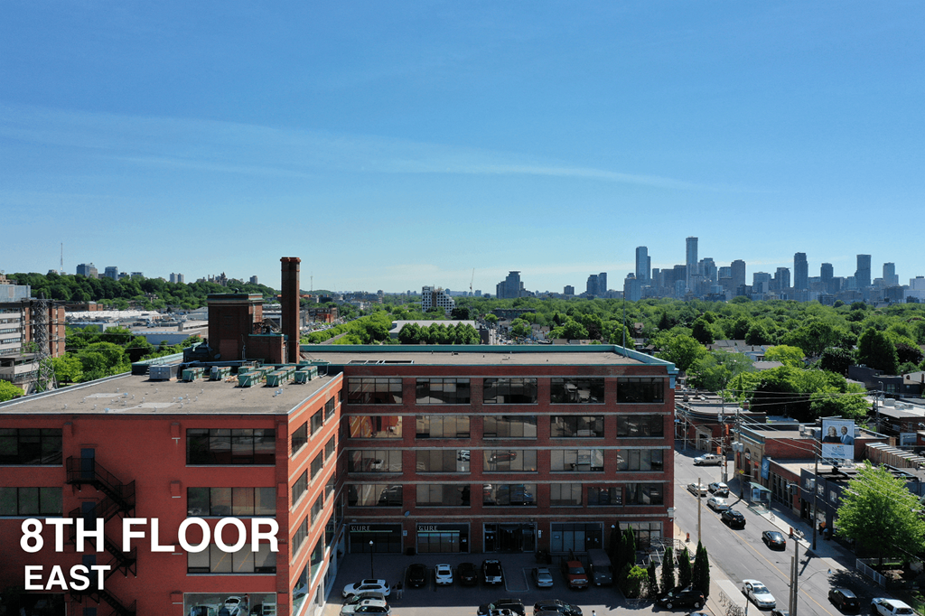 A view of a city from the 8th floor of a building.