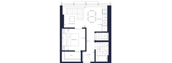 A floor plan of a house with labeled rooms such as a living room, kitchen, and bath.