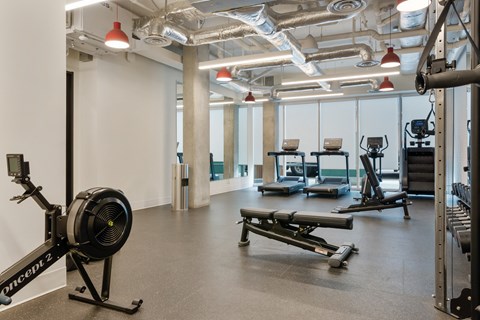 A gym with a rowing machine on the left and a bench press on the right.