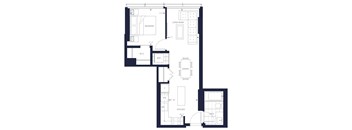A floor plan of a house with a bedroom, living room, dining room, kitchen, and a workshop.