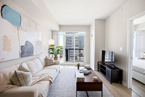 A living room with a couch, a coffee table, and a television.