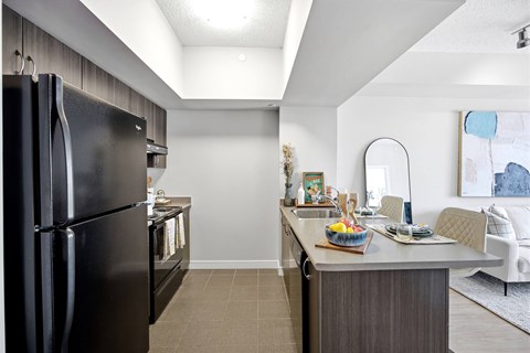 A black refrigerator is in a kitchen with a white couch and a dining table.