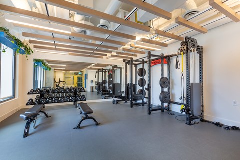 A gym with a variety of equipment including weights and benches.
