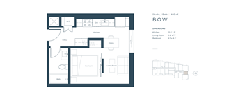 A floor plan of a studio apartment with a kitchen, living room, and bedroom.