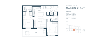 A floor plan of a 2 bedroom, 2 bathroom apartment with a living room and kitchen.