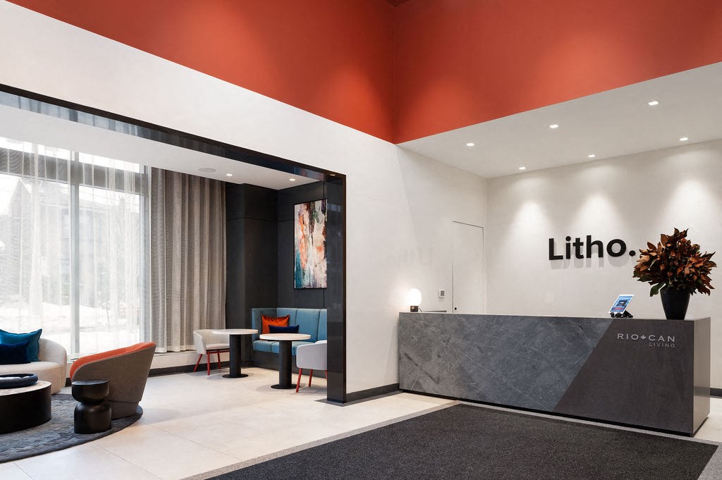 A reception area with a sign that says Litho.