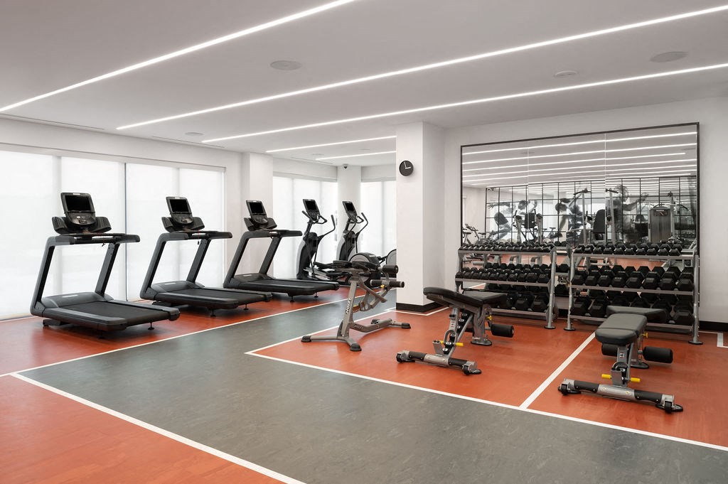A gym with treadmills, exercise bikes, and weight racks.